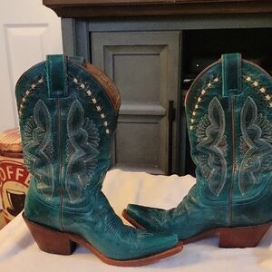 Justin Turqoise Womans Heeled Boots with Decorative Stitching and Stacked Heels